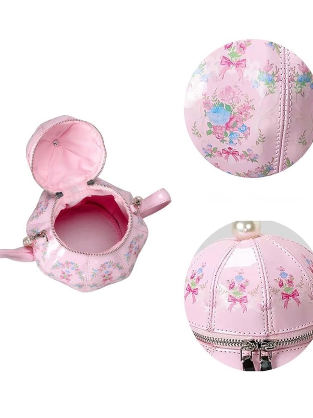 Kawaii Darling PINK Floral NOVELTY Tea Pot Purse Vegan Leather unique Hand bag - Picture 3 of 3